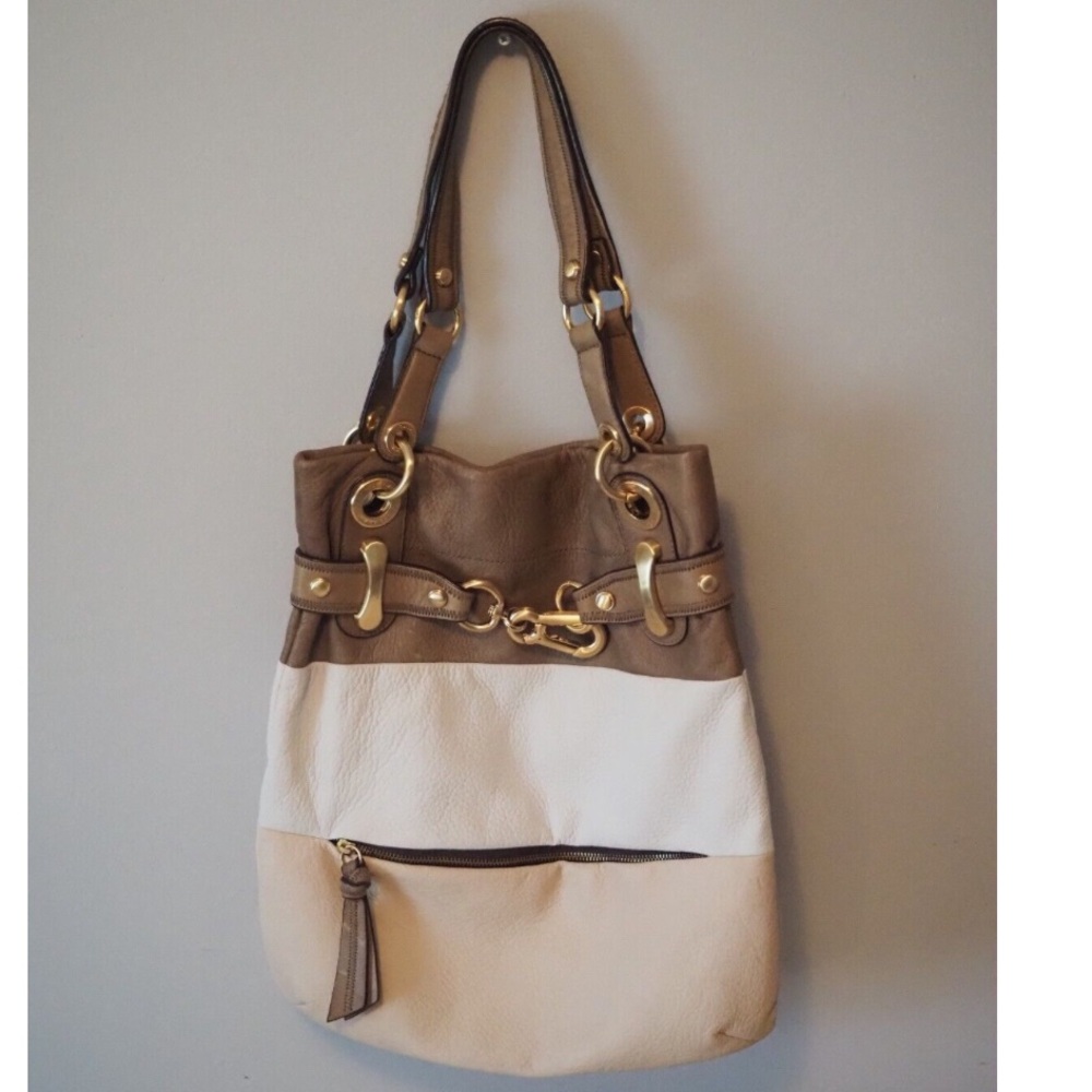 B. MAKOWSKY LEATHER STRIPE HOBO SATCHEL SHOULDER BAG BUCKET BEIGE NEUTRAL - Picture 1 of 3